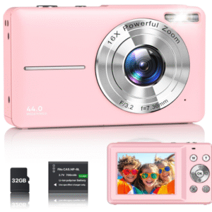 "44MP 1080P Compact Digital Camera with 2.4'' LCD, 16X Digital Zoom, 32GB Memory Card & Battery – Pink, Portable Camera for Teens & Students"