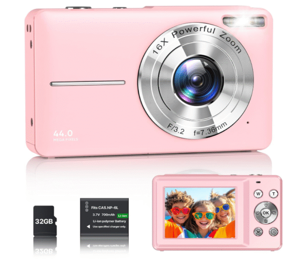 "44MP 1080P Compact Digital Camera with 2.4'' LCD, 16X Digital Zoom, 32GB Memory Card & Battery – Pink, Portable Camera for Teens & Students"