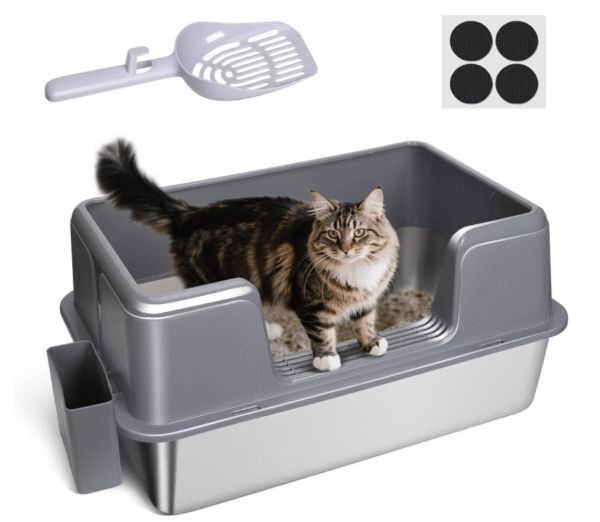 Masthome Large Capacity Stainless Steel Cat Litter Box – Semi-Enclosed, Leakproof & Anti-Spill Design, Includes Scoop and Mat, Modern & Easy-to-Clean